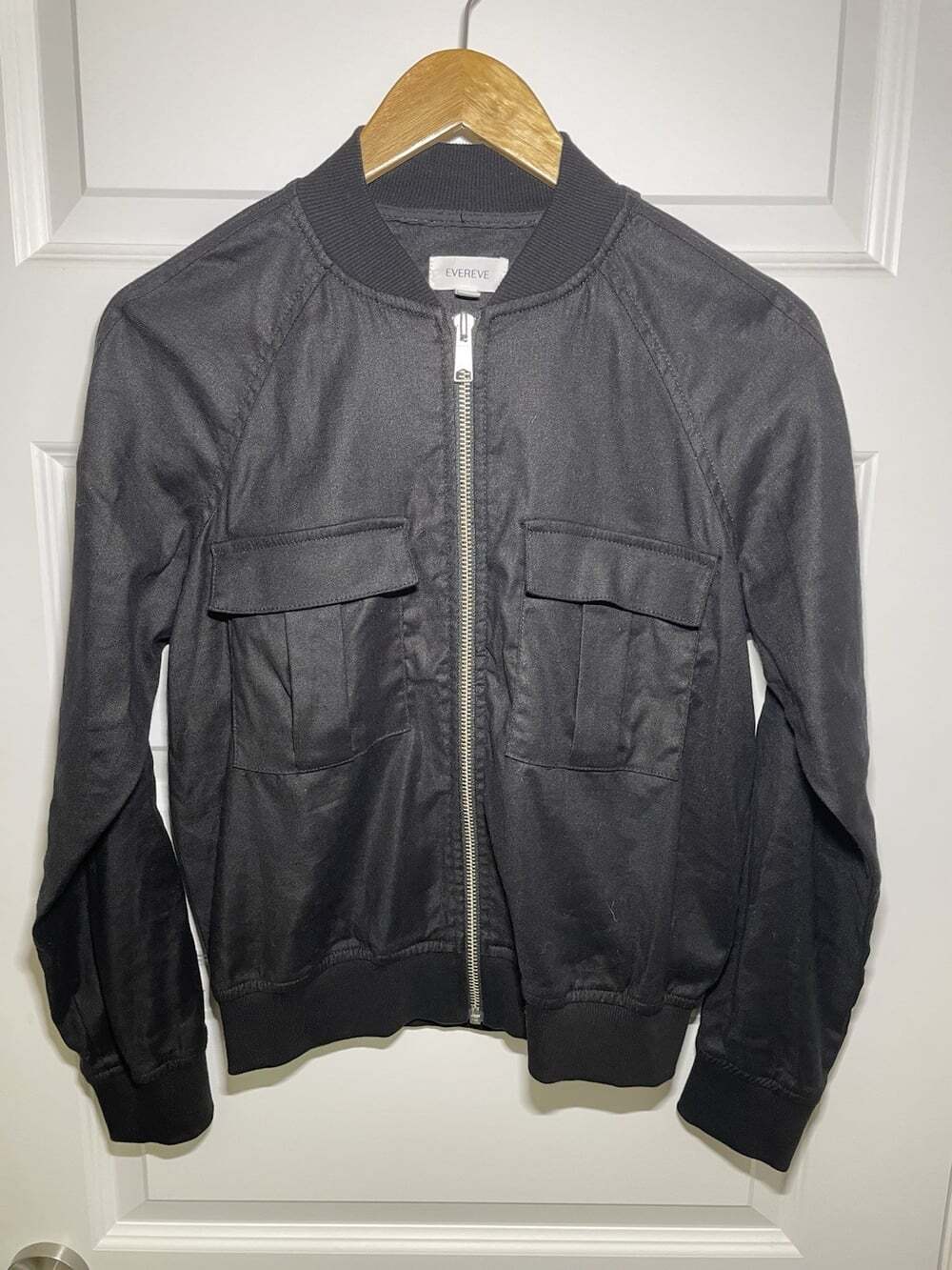 EVEREVE Linen Bomber Womens XS Black Jacket Full Zip Minimalist Quiet Luxury EUC